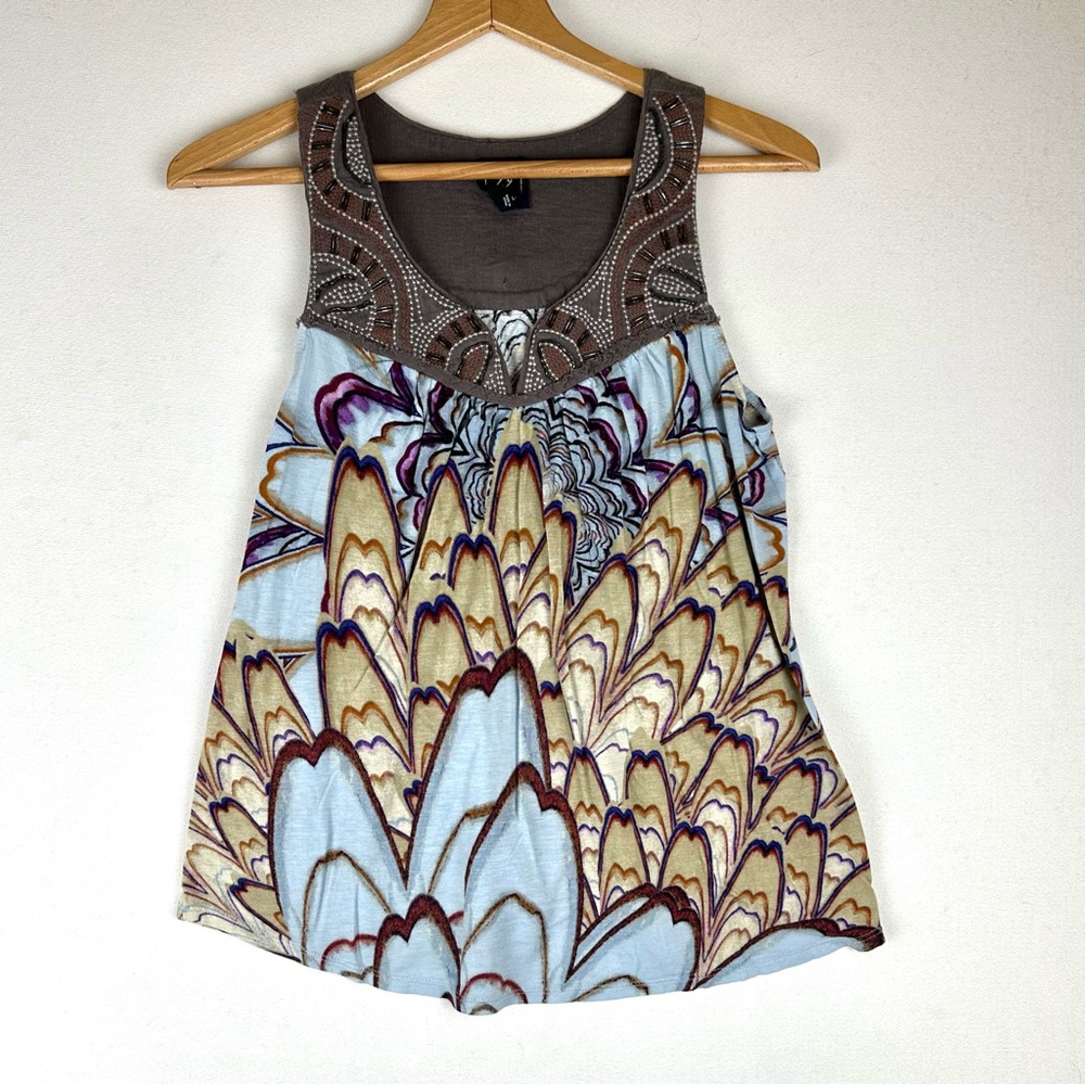 1.9 Mixed Media Embroidered & Beaded Tunic Tank Boho Summer‎